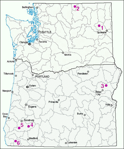 Watershed Map of Oregon and Washington, with hyperlinks to six Abandoned Mine-Land web pages