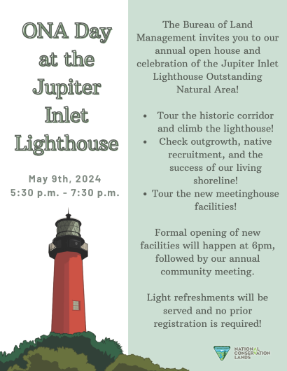 A flyer featuring a graphic of the Jpiter Inlet Lighthouse and the information mentioned on this webpage. 