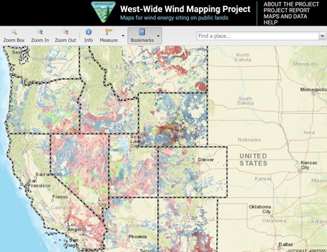 A map of the western United States showing various potential wind development areas.