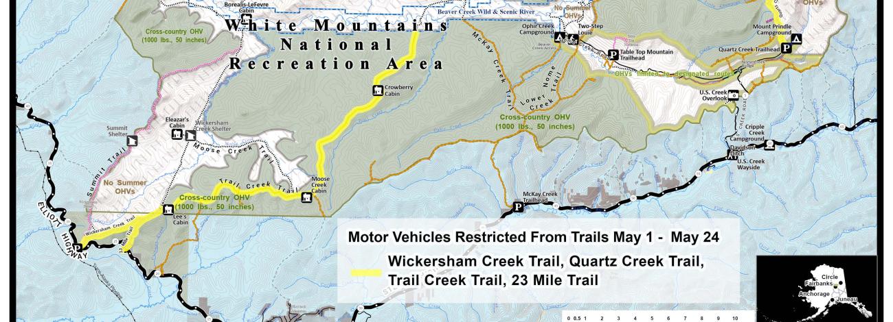 Map of White Mountains National Recreation Area Spring Trail Restrictions showing the restricted trails highlighted in yellow. 