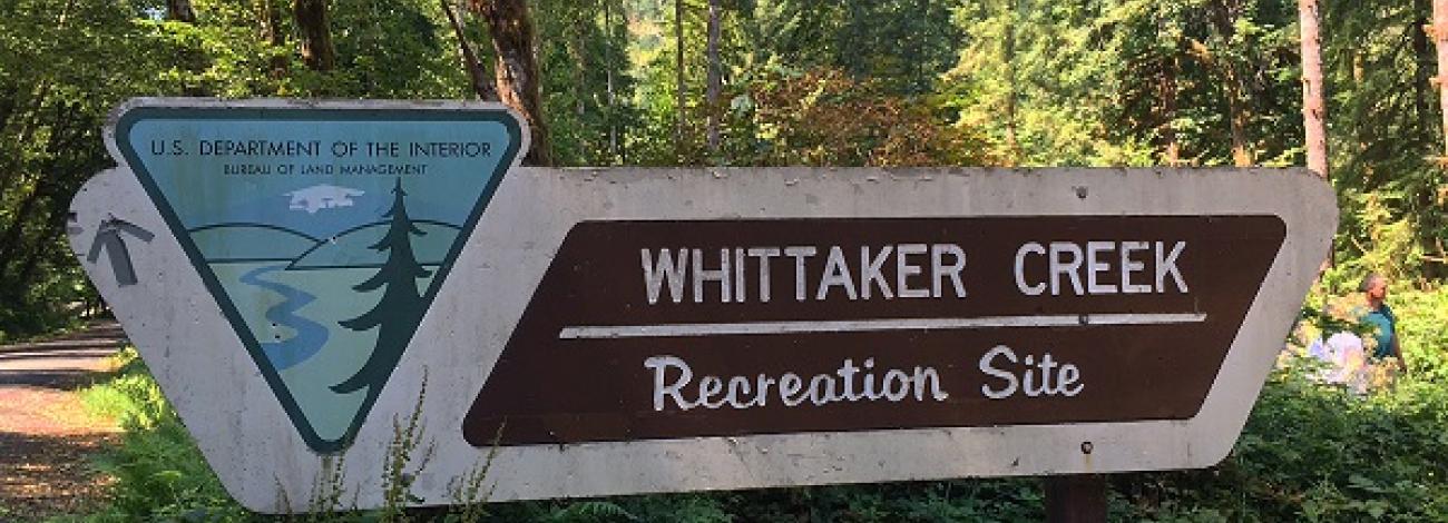 sign for Whittaker Creek Recreation Site showing BLM logo and an arrow pointing the way. in the background are green trees and folks walking