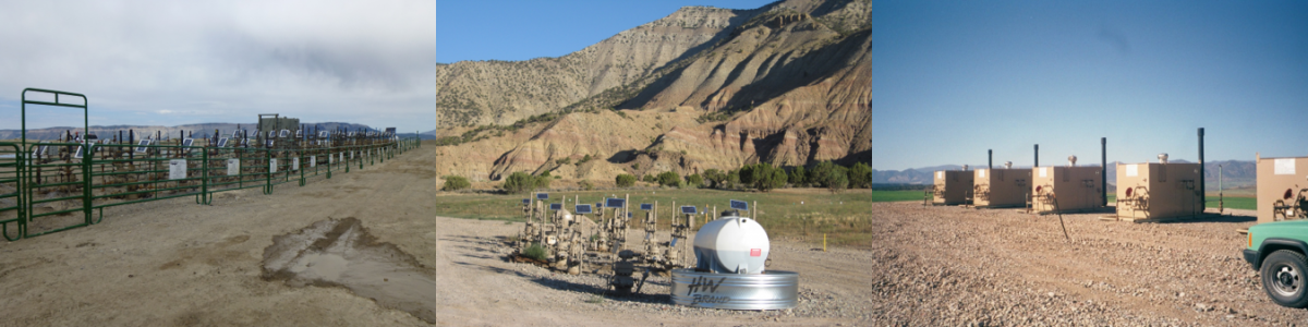 Lefthand image showing fenced area on the left with about 40 wells in a drilling pad beneath a cloudy sky in Glenwood Springs, Colorado. Center image showing an open drilling pad with about 10 wells in a dirt area with mountains in the background in De Beque, Colorado. Righthand image showing five wells in an open-area drilling pad on a gravel road on a clear day with the front of a truck on the right.
