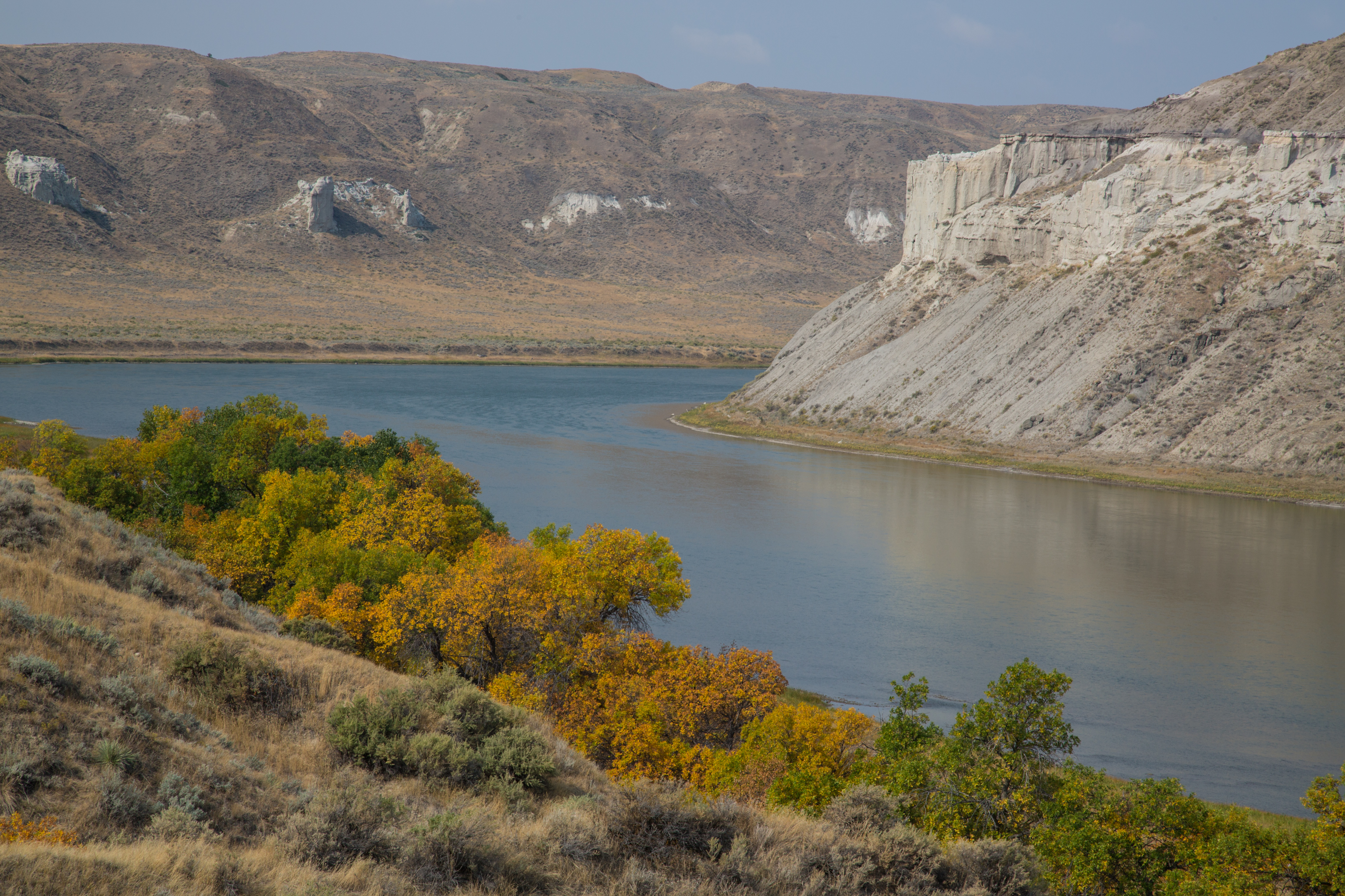 A view of the Missouri river flowing through the white cliffs of the national monument with fall foliage surrounding the scene.