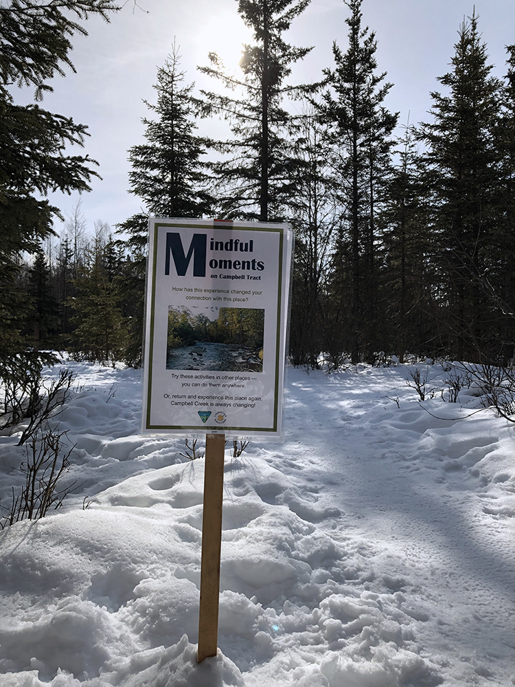 Mindful Moments sign at Campbell Tract trail