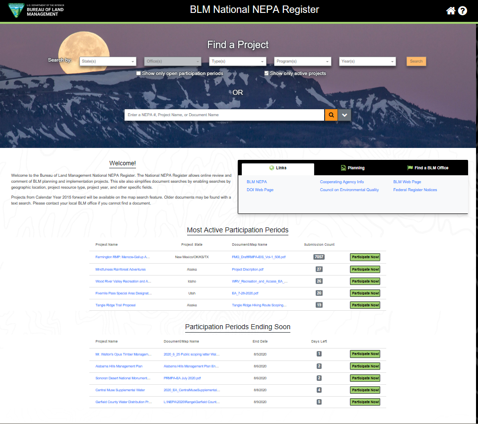 NEPA Register Web Page screenshot