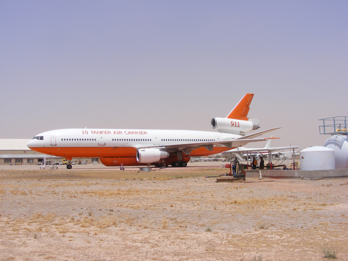 The DC10 air tanker in early spring loading for fires in the Texas panhandle .