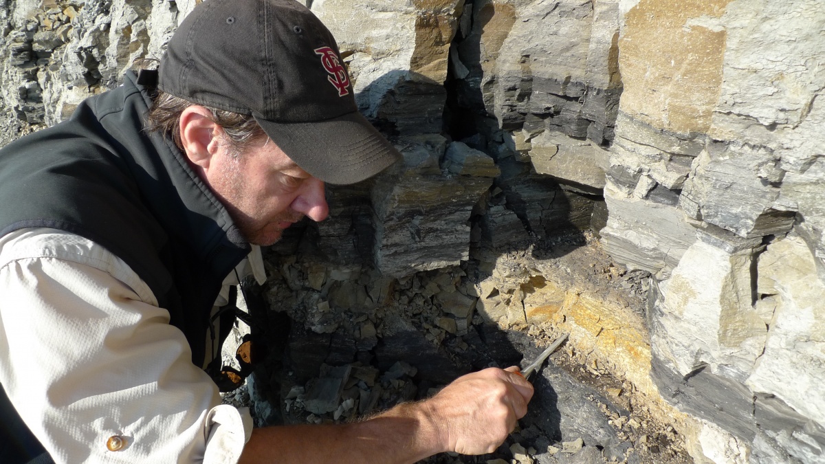 Researcher Greg Erickson using hand tool to work a fossil site in the Liscomb Bone Bed. Photo by Pat Druckenmiller, University of Alaska Fairbanks.