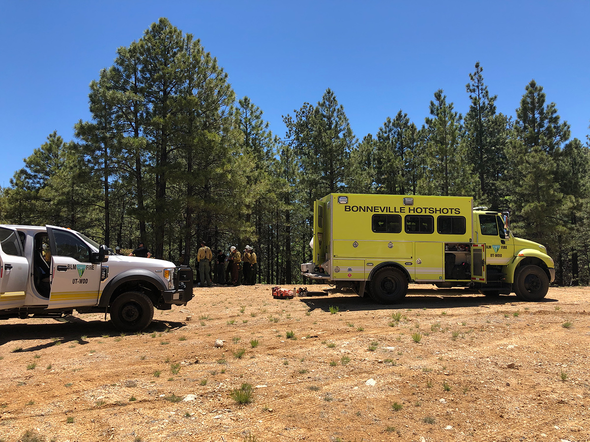 a yellow fire vehicle with the sign Bonneville Hotshots