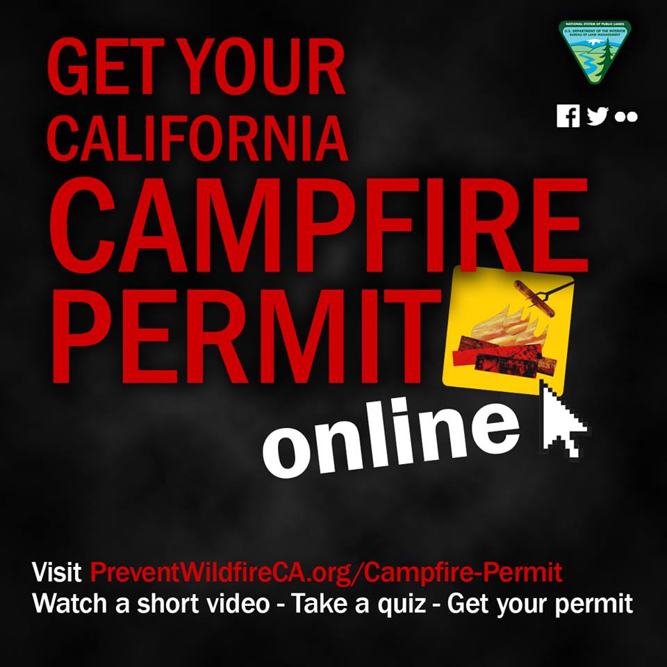 Get your California campfire permit online! Visit readyforwildfire.org/Campfire-Permit - watch a short video - take a quiz - get your online permit - save or print pdf or just bookmark the link on your mobile device to display when needed.