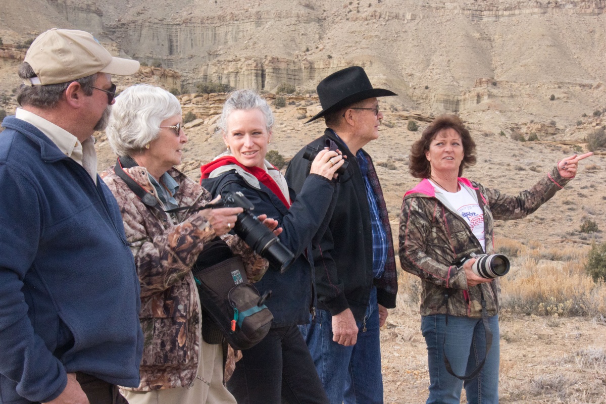 BLM Colorado State Director Ruth Welch joins members of the Little Book Cliffs Darting Team to view horses at the Little Bookcliffs. BLM photo.