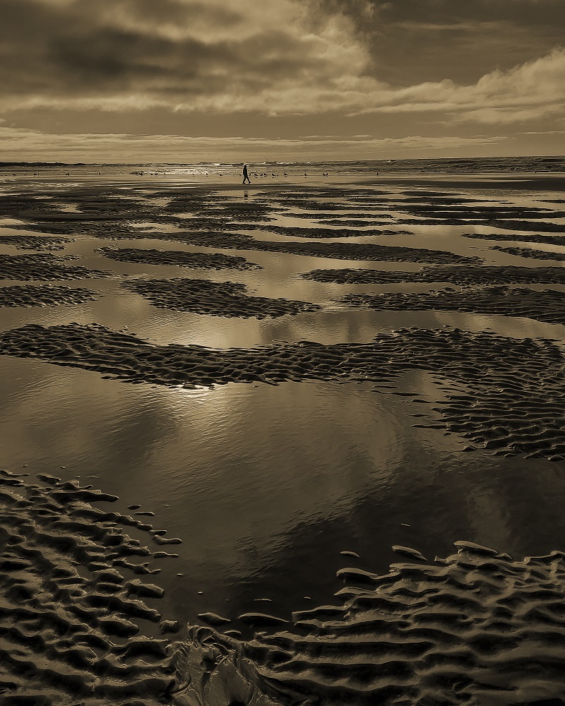 photo by Darryl Baird showing person walking along ocean