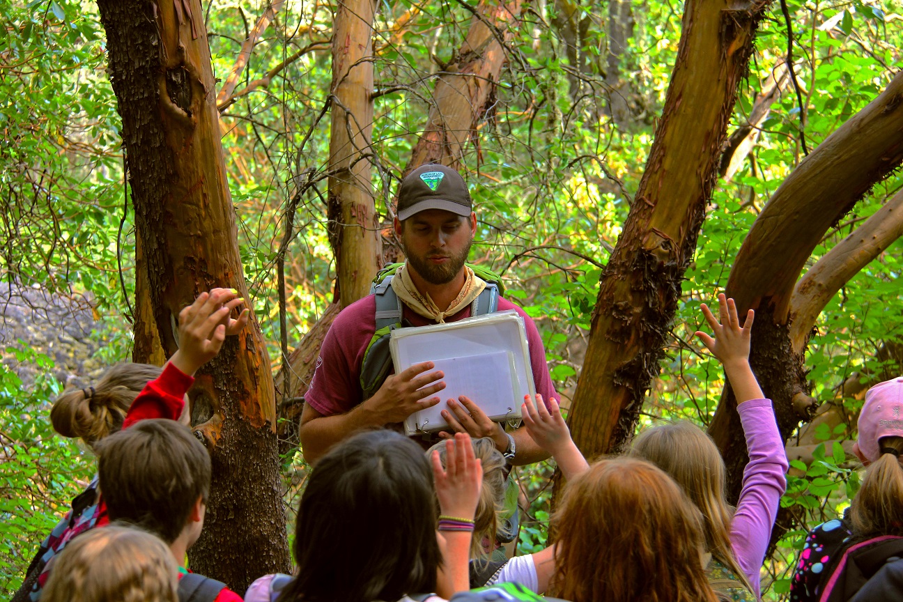 Students from Jackson and Josephine county school districts in Oregon go on a guided hike as part of the Table Rocks Environmental Education Program on May 14, 2015. BLM photo