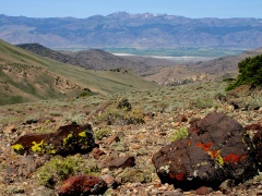 Mountains surround a valley where vegetation grows among rocks.