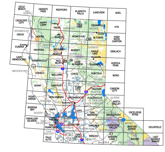 Map of northern California shows names of Surface Management Maps for sale in our Public Room.