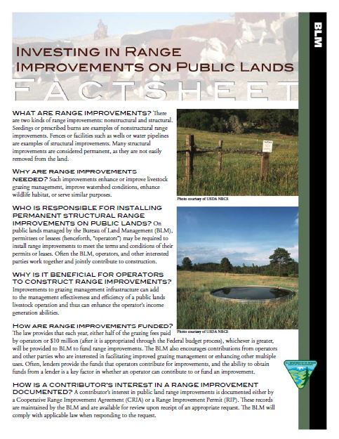Cover of the BLM Range Improvement Fact Sheet.
