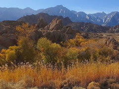 Rounded, weathered granite rock formations in the Alabama Hills form a sharp contrast with the crisply-sculpted ridges of the nearby Sierra Nevada Mountains in the background. (David Kirk/BLM)