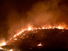 Fires glow across a hillside at night