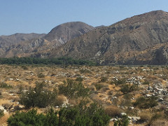 A desert canyon covered with shrubs and rocks sits at the base of a mountain range.  Photo by Stephen Razo, BLM.