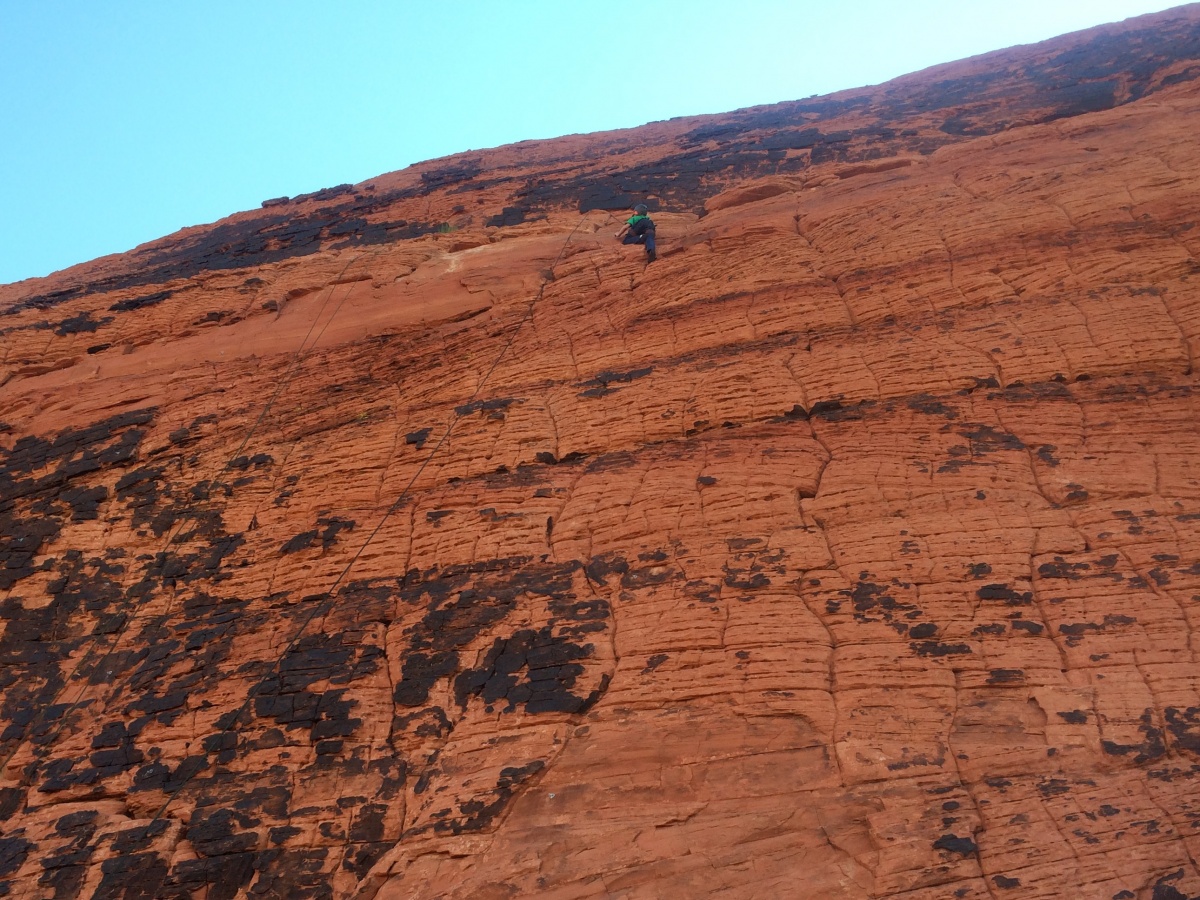 The BLM Southern Nevada District partnered with Tragedy Assistance Program for Survivors (TAPS) use rock climbing for grief therapy. Siblings Tommy G. and Sarah B. climbed and rappelled at Red Rock Canyon to honor their father Technical Sergeant Michael P., who died during a classified mission. Photo by BLM Nevada.