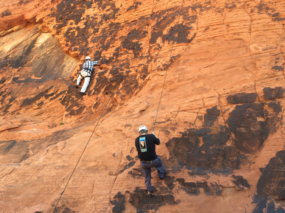 The BLM Southern Nevada District partnered with Tragedy Assistance Program for Survivors (TAPS) use rock climbing for grief therapy. BLM veteran employees rockclimbing and rappelling at Red Rock Canyon. Photo by BLM Nevada.