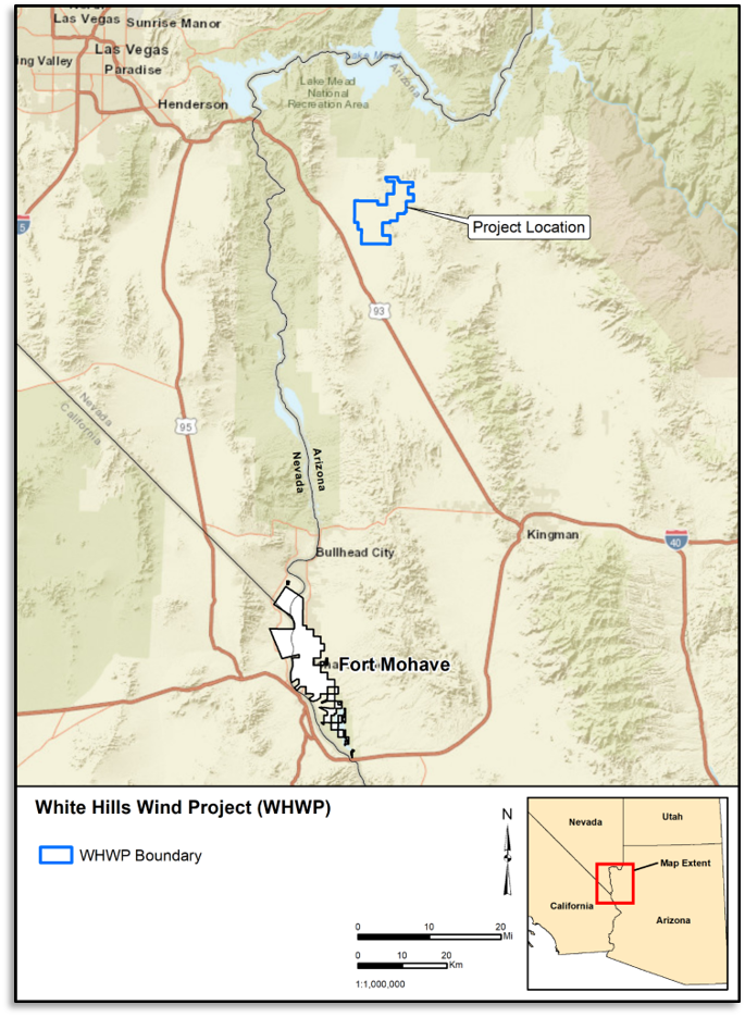 A map shows parts of Arizona, Nevada, and California. Las Vegas is in the northwest corner of the map, Fort Mohave in the south, and Kingman in the east. U.S. Highway 93 runs southeast from Las Vegas to Kingman. The White Hills Wind Project boundary is marked in blue on the east side of U.S. 93.