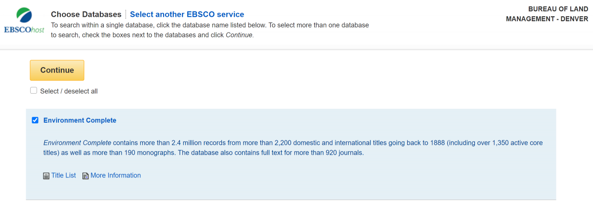 Screenshot of the EBSCO Research Databases list with the "Environment Complete" checkbox selected 