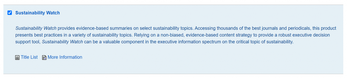 A screenshot of the Sustainability Watch record on EBSCO's database list.