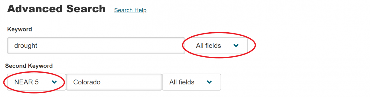 A screenshot of the JSTOR advanced search function searching for a keyword "drought." The search functions "all fields" is circled on the dropdown menu to the left of the search box, and near 5 is circled on a dropdown menu to the right of the second keyword search box.