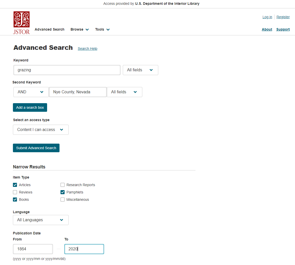 A screenshot of the "Narrow Results" section of the JSTOR search tool 