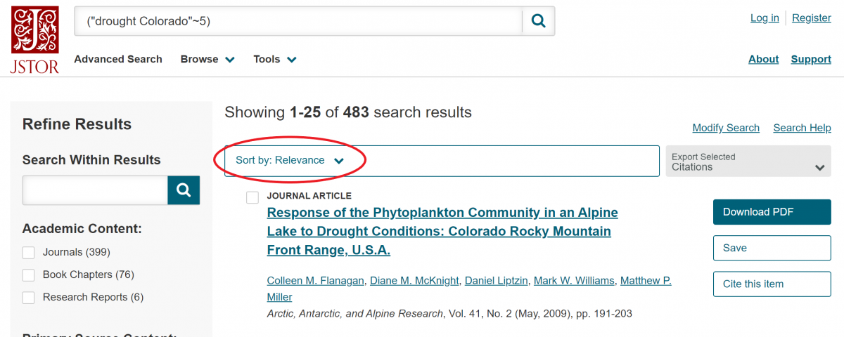 A screenshot of the JSTOR search results page for "drought Colorado" with "Sort By: Relevance" circled in red  