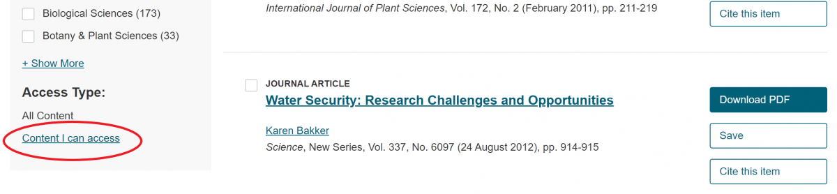 A screenshot of a JSTOR search results page with the "Content I Can Access" option circled in red
