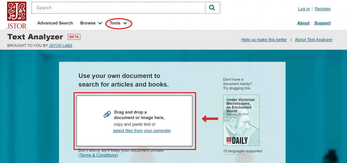 A screenshot of the JSTOR Text Analyzer page with the Tools dropdown menu circled on the top left of the page and the document upload box circled in red at the center of the page