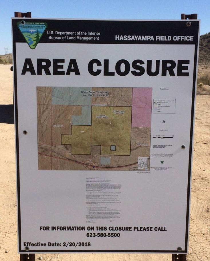 Area Closure sign White Tanks-Miller Road with Map and Closure Order