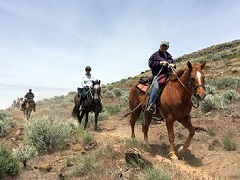 A line of equestrians on a brush covered  ridge. Photo by Stan Bales, BLM