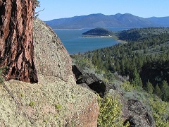 Elevated view of blue lake from alpine forest. Photo by Stan Bales, BLM.