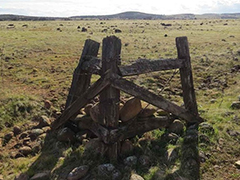 A section of a wooden fence in a field of grass.