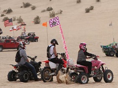 Image of a group four wheelers approaching sand dunes.