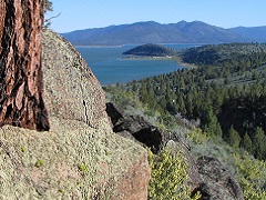 Image of alpine lake with tall green trees and rocky shore. (Photo by BLM)