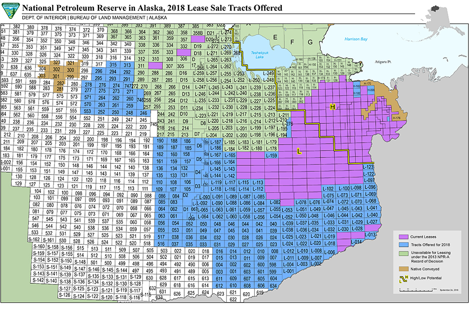 Map depicting the tracts available in the 2018 oil and gas lease sale in the National Petroleum Reserve in Alaska.