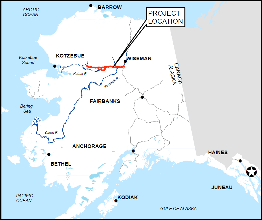 Map of Alaska showing proposed project area