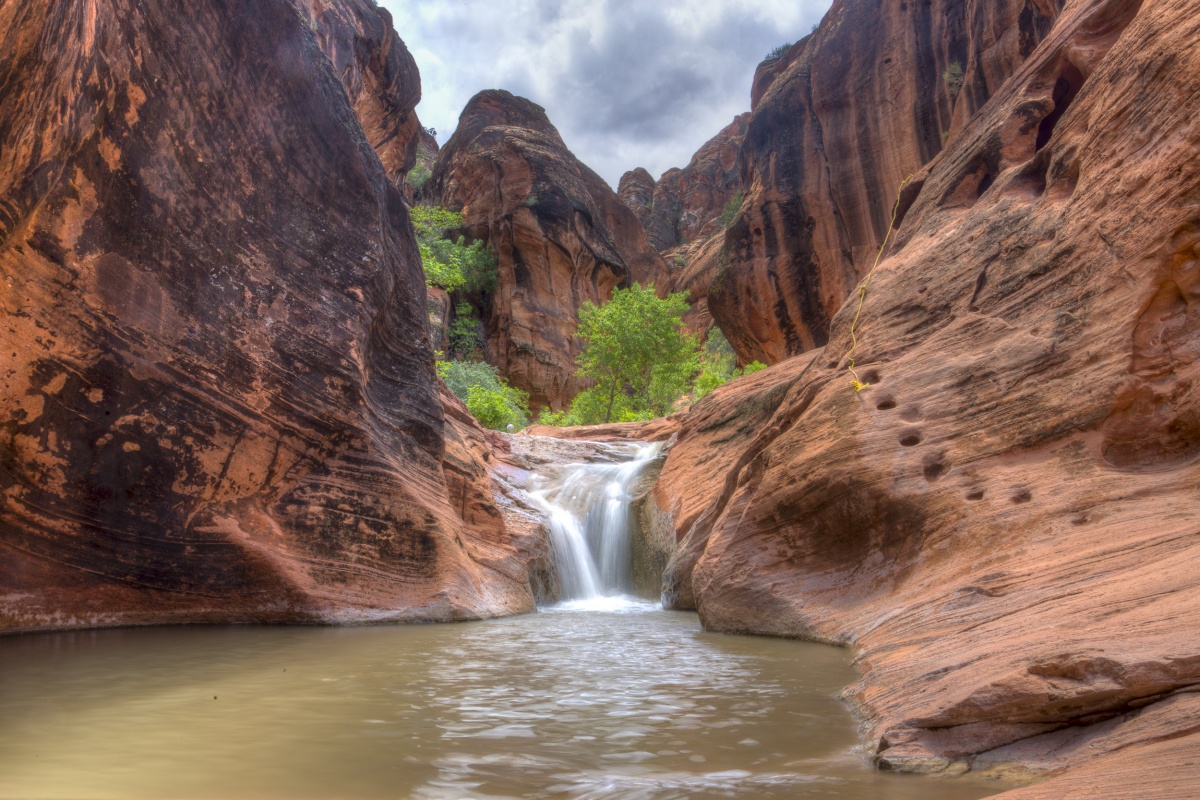 A springtime waterfall flows in the Red Cliffs National Conservation Area.