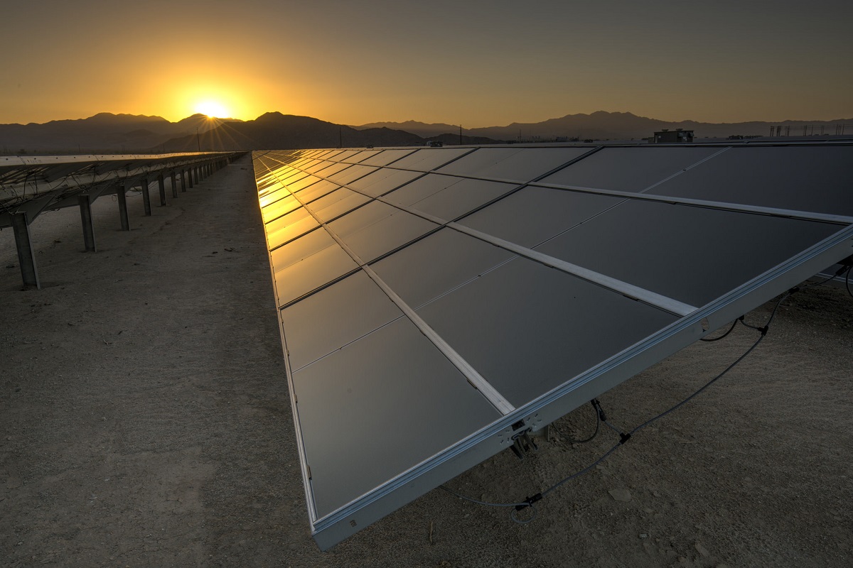 Solar panels in the desert. Photo courtesy of Tom Brewster Photography.