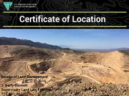 Across the top of the slide, the words "Certificate of Location" appear in white text on a black background with white topographical lines. Most of the screen is taken up by a large photo of an open pit mine.