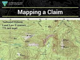 Across the top of the picture are the words "Mapping a Claim" on a black background with white topographical lines. The rest of the screen is taken up by a topographical map with a green background.