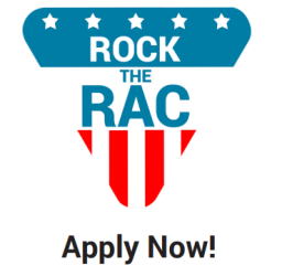 Red white and blue triangle "Rock the RAC Apply Now!" 