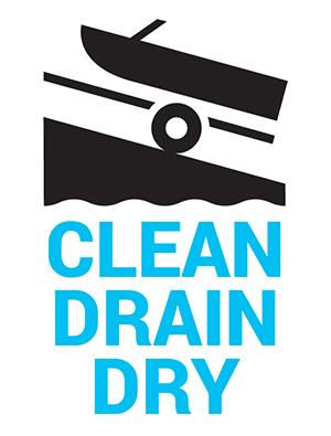 graphic of a boat on a boat ramp. text reads clean, drain, dry.