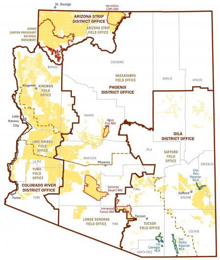 a map of Arizona showing BLM lands and district and field office boundaries