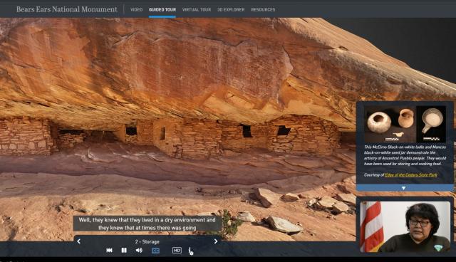 A virtual tour of Bears Ears National Monument with a digital rendering of a archeological structure with text, a recording, and a BLM employee providing background information.