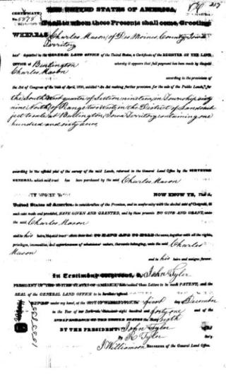 Charles Mason's Land Patent