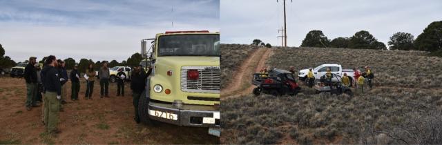 Firefighters gather on Ray Mesa to prepare for the prescribed burn. Left: Firefighters standing on  a dirt area surrounded by vehicles. They are circled around a truck all looking at a map posted on the side as one-person (Burn leadership) points and shares plans with the group. Right: Firefighters geared up and ready to complete burn activities. Two UTVs and truck surround the firefighters. The ground is covered by mostly brush with trees and an energy transmission line and a two-track road.